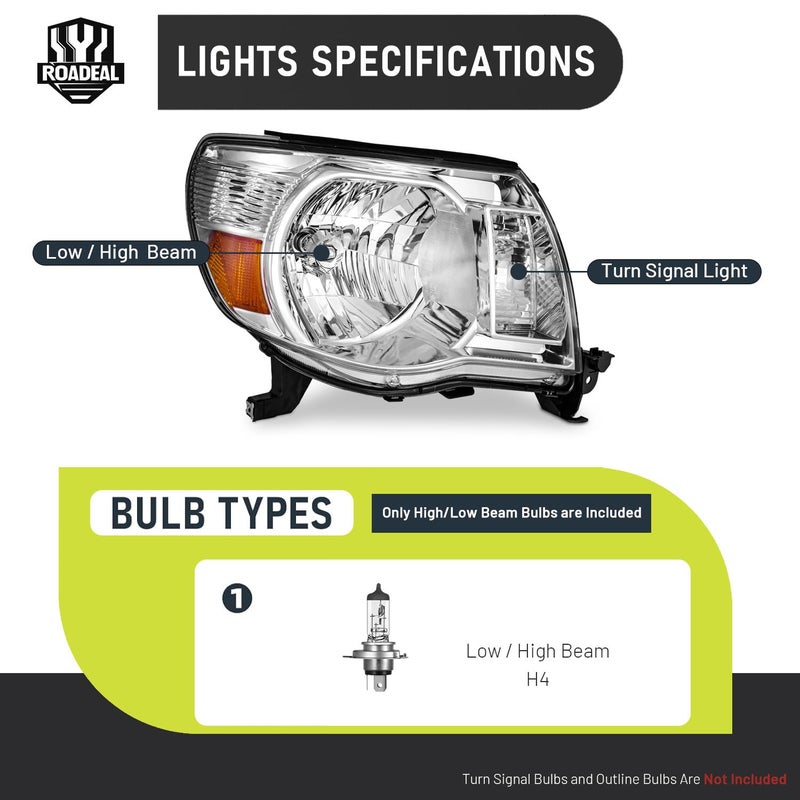 ROADEAL Headlights W/Bulbs for 2005 2006 2007 2008 2009 2010 2011 Toyota Tacoma Halogen Headlamp Replacement Driver & Passenger Side - Image 3