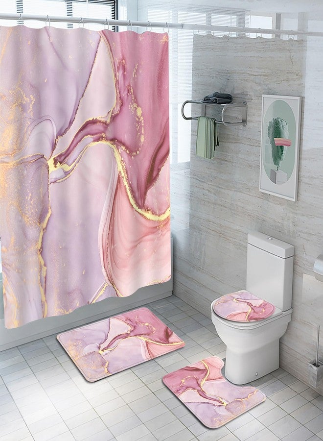 Planially 4Pcs Luxury Marble Shower Curtain Sets, Bathroom Sets with Shower Curtain, Toilet Lid Rug, Contour Mat and Bath Mat, Shower Curtain with 12 Hooks for Bathroom Set Decor - Image 1
