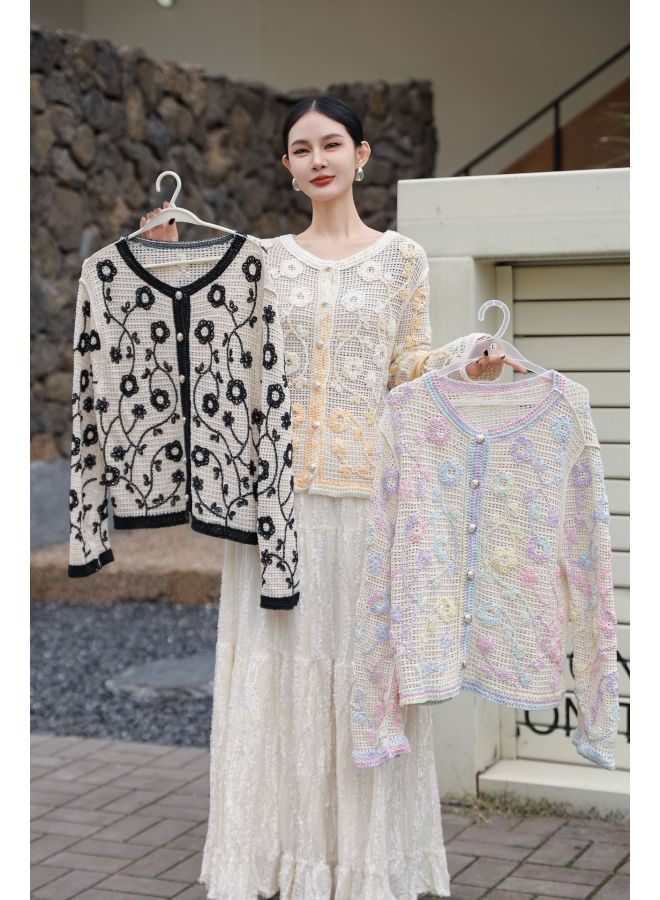 Yellow Korean Style Retro Plaid Floral Cut Out Crochet Knit Top, Soft Niche Long Sleeve Sweater