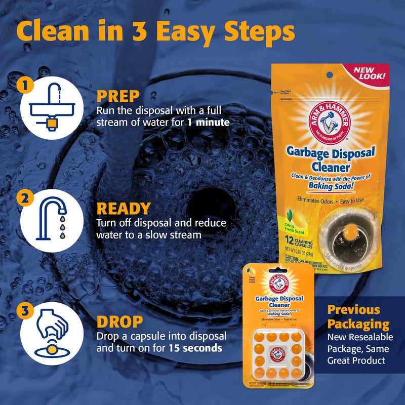 Arm & Hammer 12-Count Sink Garbage Disposal Cleaner, Freshener & Deodorizer Capsules Citrus Scent, with Power of Baking Soda (New Packaging) - Image 3