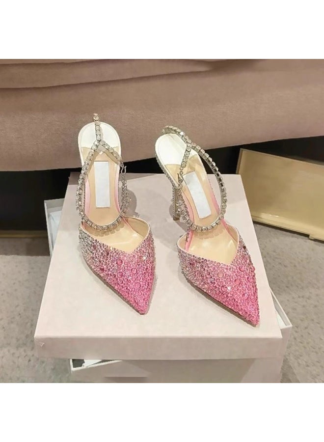 European And American Style Gradient Pink Closed-toe Sandals For Women With Thin Heels,  Summer New Model, Full Crystal Embellished Shoes, High Heels For Women