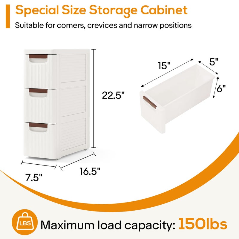 YABORAS 3 Drawers Slim Bathroom Storage Cabinet Dresser, Narrow Plastic Rolling Cart Organizer with Drawers, for Small Spaces, Kitchen, Laundry, Office, Bedroom, White - Image 2