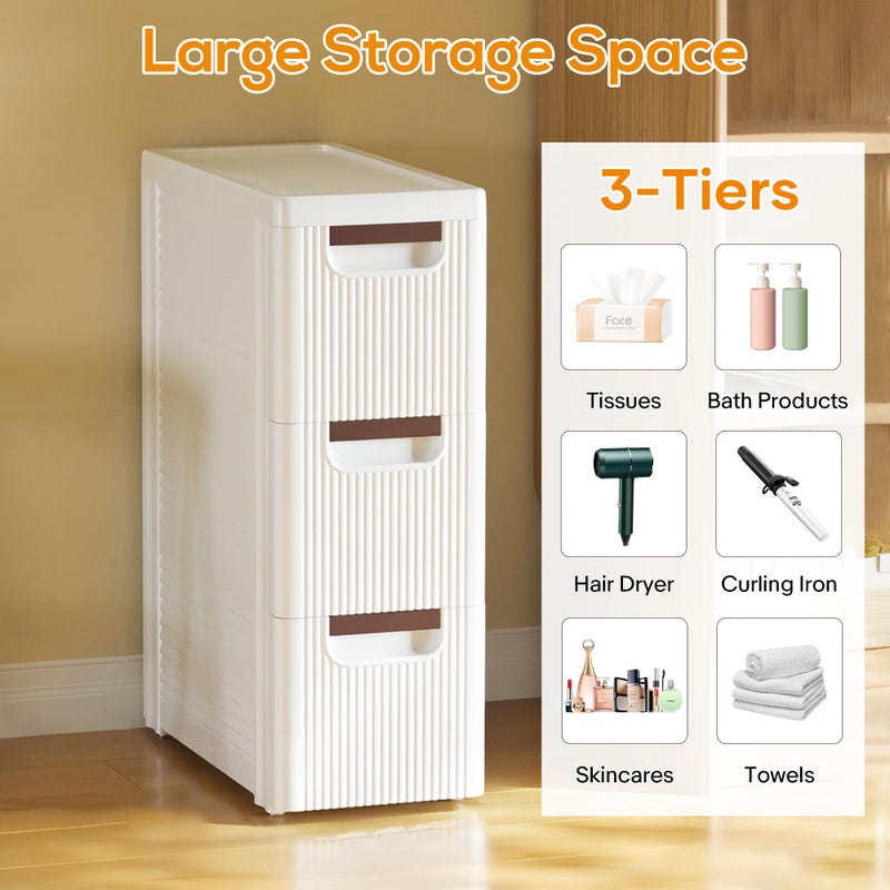 YABORAS 3 Drawers Slim Bathroom Storage Cabinet Dresser, Narrow Plastic Rolling Cart Organizer with Drawers, for Small Spaces, Kitchen, Laundry, Office, Bedroom, White - Image 3