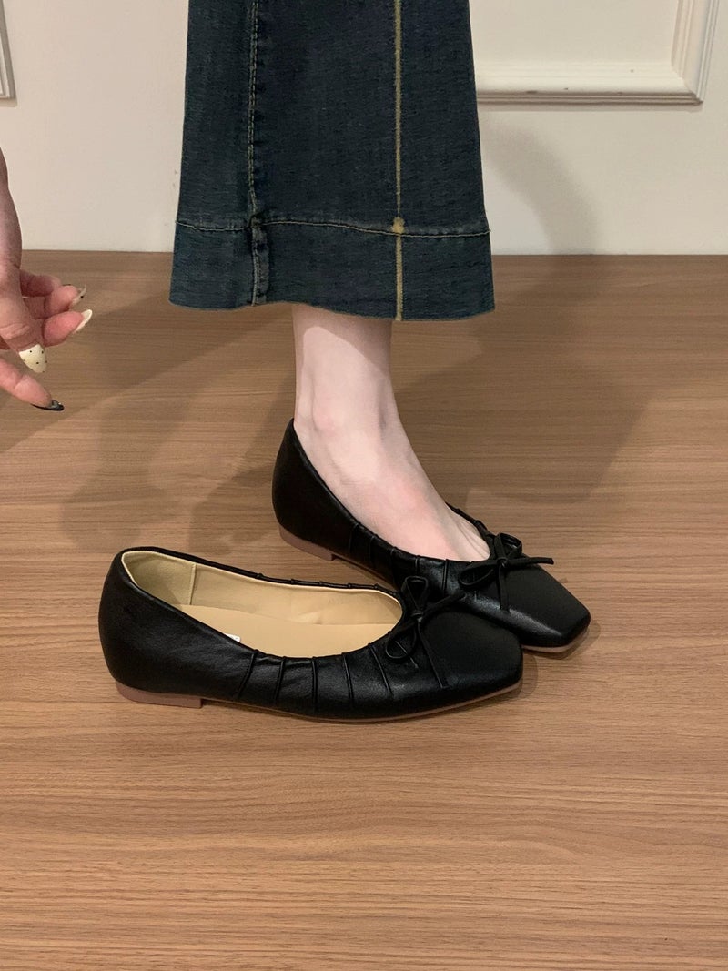 Women's Sheepskin Bow Ballet Flats with Hidden Wedge Heel - 2026 New Arrival Polka Dot Elegant Shoes