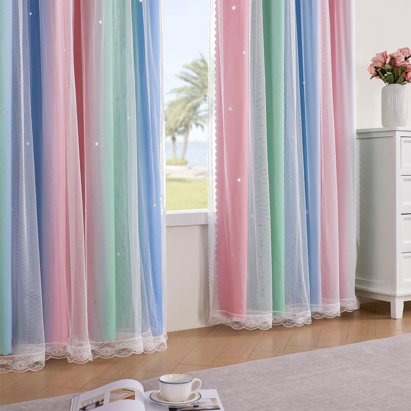 XiDi Pink & Rainbow Curtains for Kids & Girl Bedrooms - Blackout, Blue & Green 34x63 Inch Long with Unicorn Wall Decals - Image 3