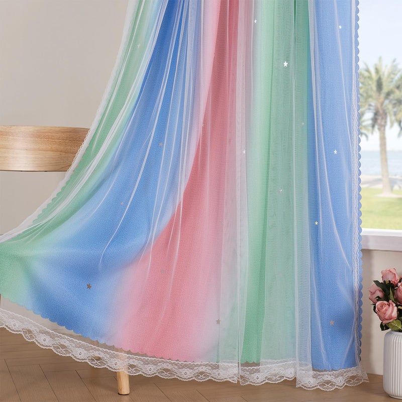 XiDi Pink & Rainbow Curtains for Kids & Girl Bedrooms - Blackout, Blue & Green 34x63 Inch Long with Unicorn Wall Decals - Image 4