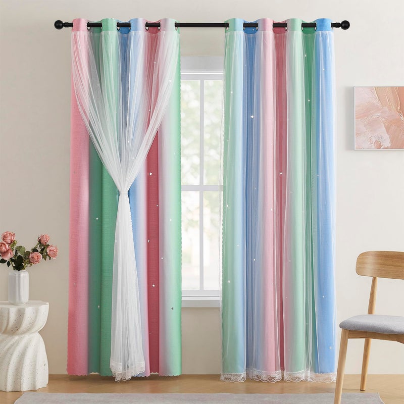 XiDi Pink & Rainbow Curtains for Kids & Girl Bedrooms - Blackout, Blue & Green 34x63 Inch Long with Unicorn Wall Decals - Image 1