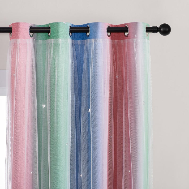 XiDi Pink & Rainbow Curtains for Kids & Girl Bedrooms - Blackout, Blue & Green 34x63 Inch Long with Unicorn Wall Decals - Image 2