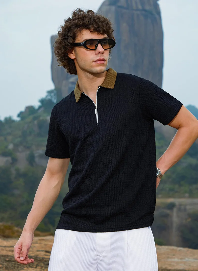 Campus Sutra Men's Midnight Black Oblique-Block Polo T-Shirt For Casual Wear | Polo Neck | Short Regular Sleeves | Half-Zip Closure | T-Shirt Crafted With Comfort Fit For Everyday Wear