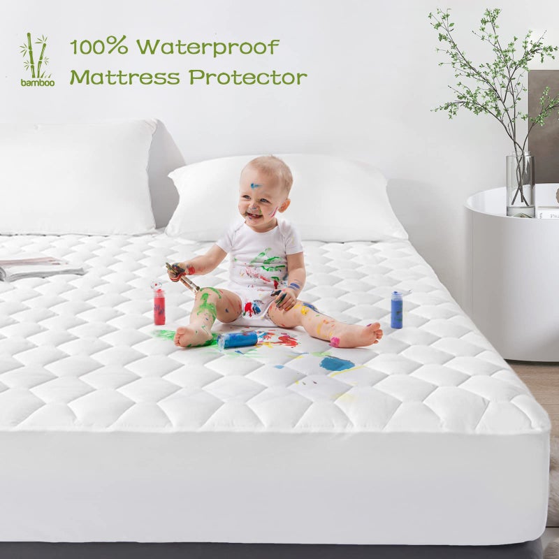 جي آر تي GRT King Mattress Protector Rayon Rayon من الخيزران تبريد مبطن ملتوية مرتبة مرتبة على عزل غطاء مرتبة مقاومة للماء يناسب ما يصل إلى 21 "" Deep Dust Proof White - Image 3