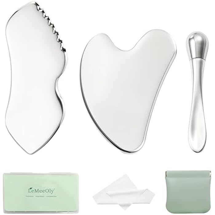 LeMeeOly 3pcs Stainless Steel Gua Sha Facial Tools & Eye Cream Applicator Metal GuaSha Set for Face Body, Detailer Gua Sha Lymphatic Drainage Massager,Guasha Face Sculpting Tool - Image 1