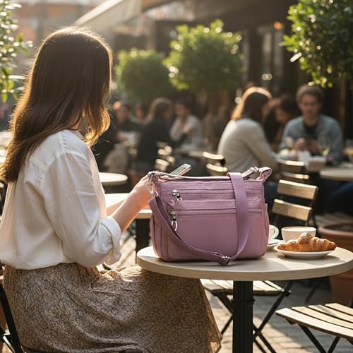POPCUBE Women’s Crossbody Sling Bag for Everyday Use | Stylish Nylon Shoulder Bag with Multiple Zipper Pockets | Adjustable Strap, Water-Resistant for Shopping, College & Work (26cmx21cmx10cm) (Pink) - Image 5