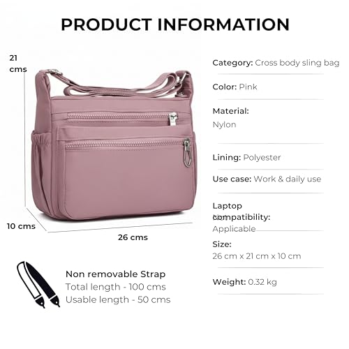 POPCUBE Women’s Crossbody Sling Bag for Everyday Use | Stylish Nylon Shoulder Bag with Multiple Zipper Pockets | Adjustable Strap, Water-Resistant for Shopping, College & Work (26cmx21cmx10cm) (Pink) - Image 2