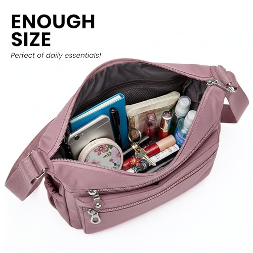 POPCUBE Women’s Crossbody Sling Bag for Everyday Use | Stylish Nylon Shoulder Bag with Multiple Zipper Pockets | Adjustable Strap, Water-Resistant for Shopping, College & Work (26cmx21cmx10cm) (Pink) - Image 4