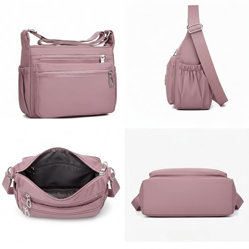 POPCUBE Women’s Crossbody Sling Bag for Everyday Use | Stylish Nylon Shoulder Bag with Multiple Zipper Pockets | Adjustable Strap, Water-Resistant for Shopping, College & Work (26cmx21cmx10cm) (Pink) - Image 3