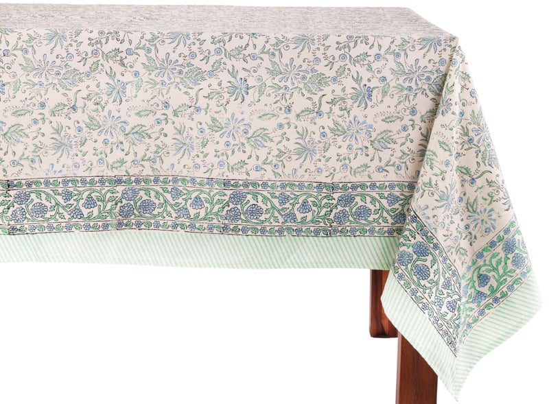 ATOSII Aster Blue 100 Cotton Rectangle Boho Fall Tablecloth Handblock Floral Table Cloth Linen for Kitchen Dining I Parties Wedding Outdoors Christmas Thanksgiving I Fall Home Decor 60 X 90 Inches