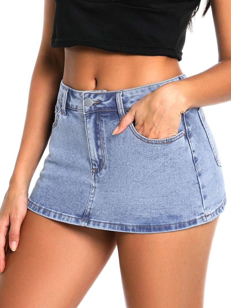 ELLEVEN Jean Skirt Skort for Women Denim Mini Skort Skirt with Shorts Underneath Y2k Elastic Casual Low Rise Streetwear Skorts with Pockets Light Wash Medium - Image 3