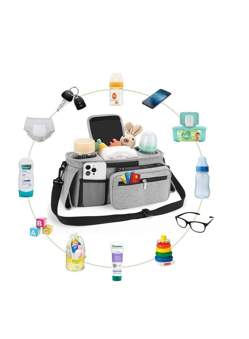 Universal Stroller Organizer,Stroller Accessories:Diaper Bag with Stroller Straps for Mom,Portable Stroller Bag with Insulated Cup Holder,Detachable Shoulder Strap&Zipper Bag,Newborn Essentials Organizer Bag for Baby Infant Pram（grey） - Image 5