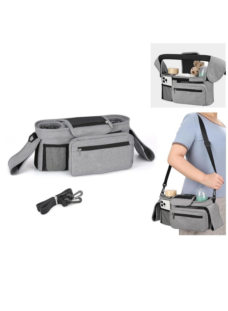 Universal Stroller Organizer,Stroller Accessories:Diaper Bag with Stroller Straps for Mom,Portable Stroller Bag with Insulated Cup Holder,Detachable Shoulder Strap&Zipper Bag,Newborn Essentials Organizer Bag for Baby Infant Pram（grey） - Image 1