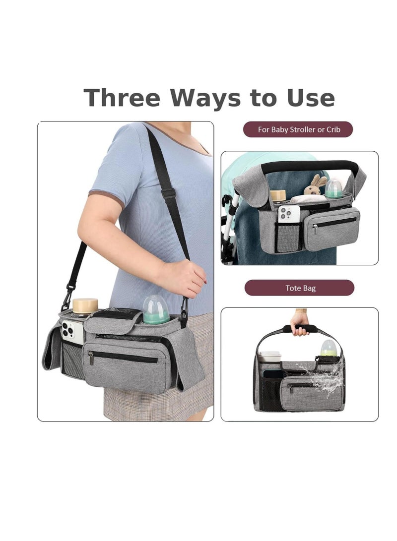 Universal Stroller Organizer,Stroller Accessories:Diaper Bag with Stroller Straps for Mom,Portable Stroller Bag with Insulated Cup Holder,Detachable Shoulder Strap&Zipper Bag,Newborn Essentials Organizer Bag for Baby Infant Pram（grey） - Image 4