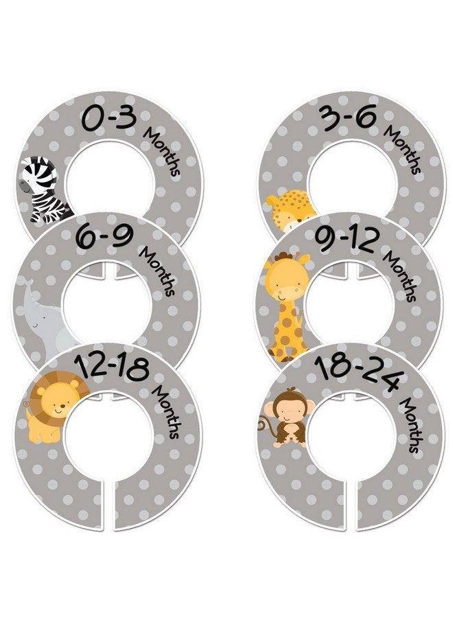 Closet Doodles Baby Closet Dividers Boy Nursery Clothing Closet Size Organizer Set of 6 Safari Animals (Gray, 1.25" Rod) - Image 1