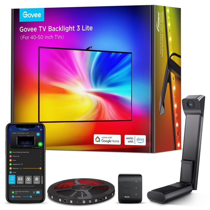 Govee إضاءة خلفية تلفاز Govee RGBICW 3 Lite مع وظيفة تصحيح عين السمكة متزامنة لتلفزيونات 40-50 بوصة، شريط LED تلفاز Wi-Fi بطول 2.4 م مع كاميرا، 4 ألوان في 1 لؤلؤة مصباح، تحكم صوتي وتطبيق - Image 1