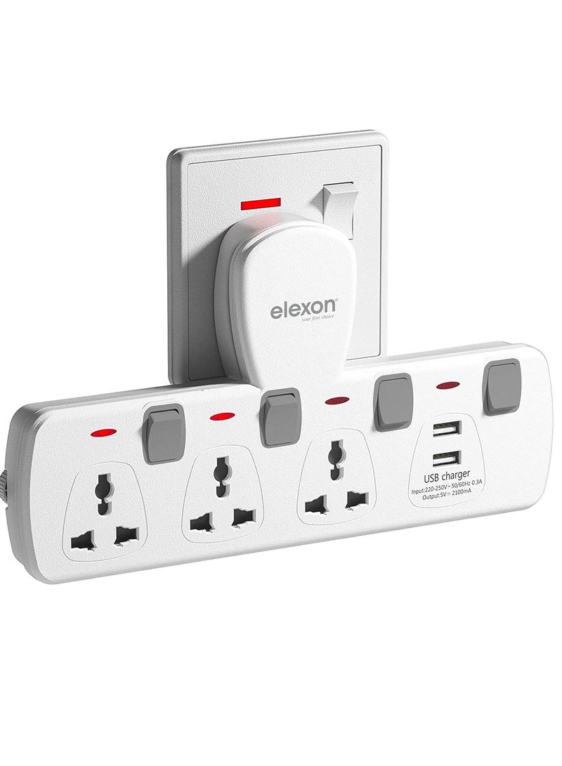 Elexon T Socket Universal Extension Power Adapter with 2 USB, Wall Socket 3 Way Electrical Outlet Adaptor, 3 Pin Electric Sockets for Home, Office - Image 1