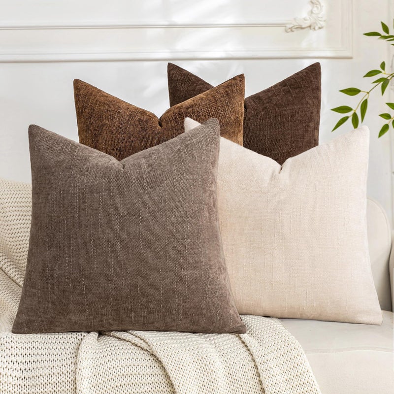 Cozoomy Set of 4 Soft Textured Decorative Throw Pillow Covers 18x18 Inch Cozy Farmhouse Cushion Cover Square Accent Pillow Cases for Bed Couch Sofa Living Room, Beige Taupe Brown - Image 1