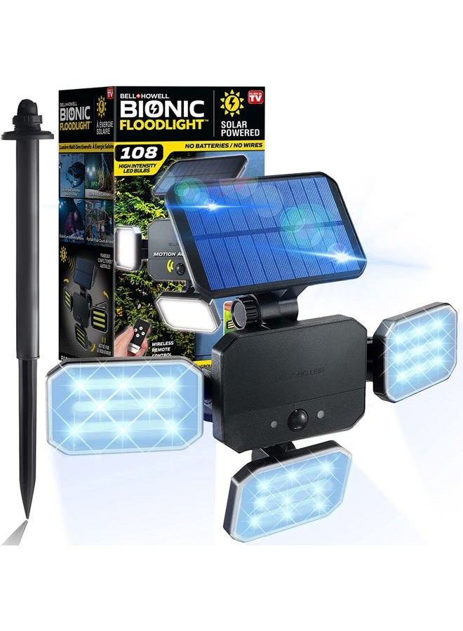 Bell Howell Bionic Floodlight with Motion Sensing - Solar Outdoor Lights 108 High Power LED Bulbs Adjustable, Swiveling Panels for Garden Patio and Lawn As Seen On TV - Image 1
