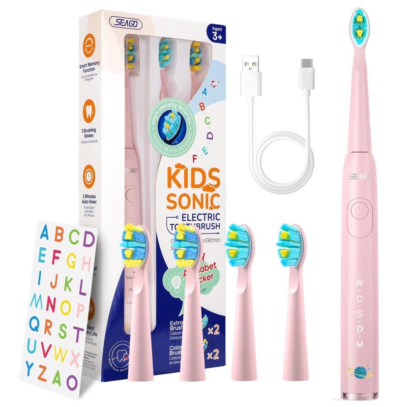 SEAGO Kids Electric Toothbrush Sonic Soft Bristle Rechargeable Toothbrushes with DIY Stickers 5 Modes Includes 4 Replacement Brush Heads Ages 3 to 12 Years Old Pink