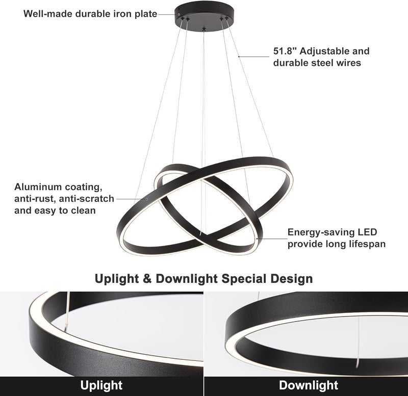 Modern LED Ring Chandelier Pendant Light – Adjustable Hanging Ceiling Lamp with Dimmable Circular Rings for Living Room, Dining Room, Bedroom, Foyer & Office (BLACK, 2 LAYER 60+40CM) - Image 3