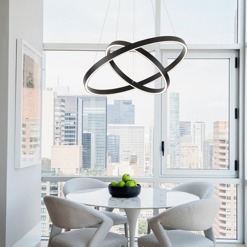 Modern LED Ring Chandelier Pendant Light – Adjustable Hanging Ceiling Lamp with Dimmable Circular Rings for Living Room, Dining Room, Bedroom, Foyer & Office (BLACK, 2 LAYER 60+40CM) - Image 2