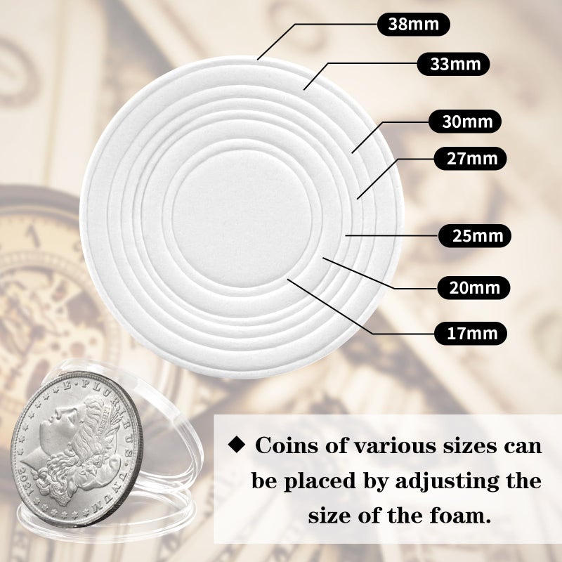 Coidea 63PCS Silver Dollar Coin Holder, Clear Coin Capsules, Coin Holders for Collectors, Plastic Coin Case for Morgan Silver Dollar, Coin Protectors with Adjustable Gasket (17/20/25/27/30/33/38/40mm) - Image 3