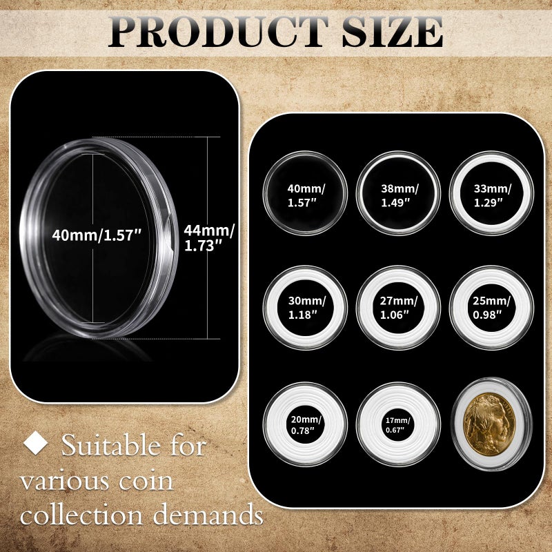 Coidea 63PCS Silver Dollar Coin Holder, Clear Coin Capsules, Coin Holders for Collectors, Plastic Coin Case for Morgan Silver Dollar, Coin Protectors with Adjustable Gasket (17/20/25/27/30/33/38/40mm) - Image 2