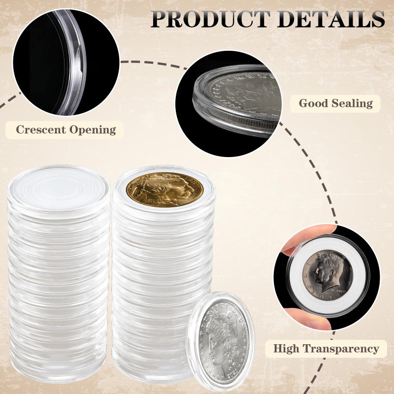 Coidea 63PCS Silver Dollar Coin Holder, Clear Coin Capsules, Coin Holders for Collectors, Plastic Coin Case for Morgan Silver Dollar, Coin Protectors with Adjustable Gasket (17/20/25/27/30/33/38/40mm) - Image 4