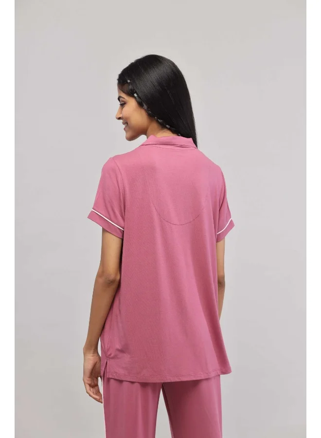 نسيسيرا Rosy Pink Button Down Piping Half Sleeve Top