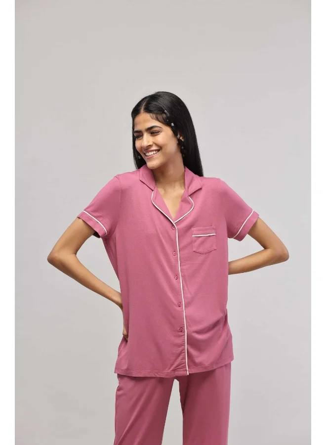 نسيسيرا Rosy Pink Button Down Piping Half Sleeve Top
