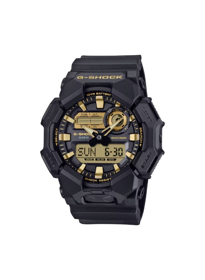 Casio G-Shock GA-010GB-1A9, Analog-Digital Watch, Black Resin Band and Case, Gold Tone Accents, Shock Resistant, 200M Water Resistance, LED Light, World Time, Stopwatch, Countdown Timer, 5 Alarms - Image 1