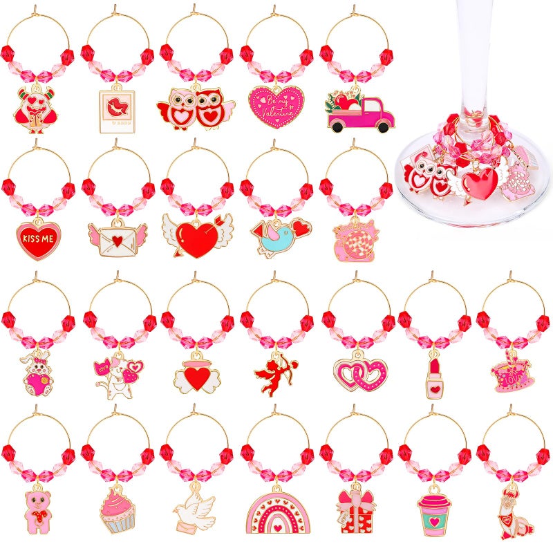 JUNEBRUSHS 24pc Valentine's Day Wine Charms - Glass Charms for Stem Glasses, Drink Markers for Valentine's Wine Party Ornaments - Image 1
