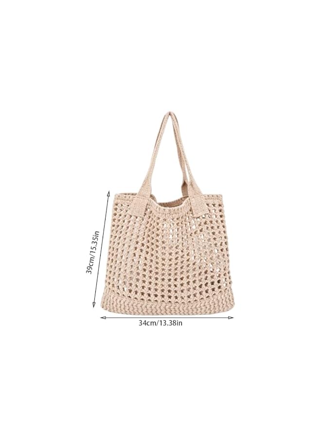 S-TOP Hollow Knit Tote Bag Woven Shoulder Handbag Travel Beach Purse | aesthetic crochet purse hollow out net shopping tote coffee apricot market bag slouchy casual bohemian shoulder pouchOnly 5 left 17.1217.12 - Image 2