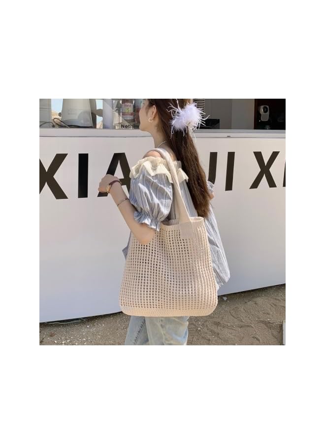 S-TOP Hollow Knit Tote Bag Woven Shoulder Handbag Travel Beach Purse | aesthetic crochet purse hollow out net shopping tote coffee apricot market bag slouchy casual bohemian shoulder pouchOnly 5 left 17.1217.12 - Image 3