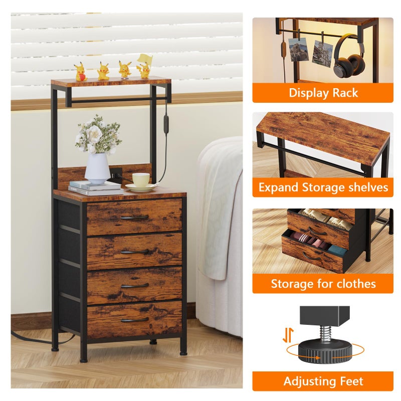 Furnulem Night Stand with Charger Station, 38'' Tall Nightstand with 4 Fabric Drawers and LED Lights, Bedside Table with Storage Shelf for Bedroom, Office, Metal Frame, Wood Shelves, Rustic Brown - Image 3