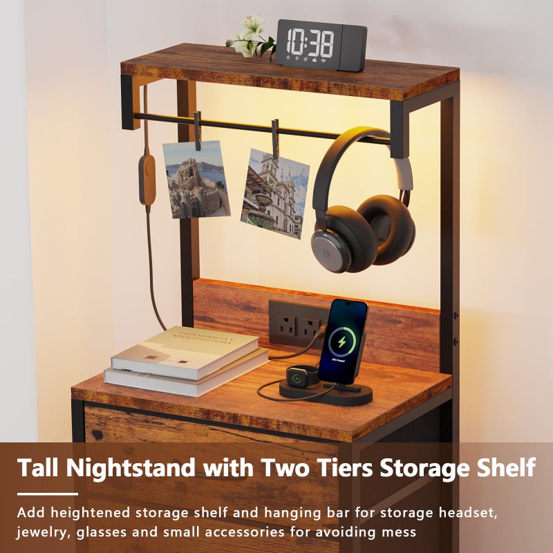 Furnulem Night Stand with Charger Station, 38'' Tall Nightstand with 4 Fabric Drawers and LED Lights, Bedside Table with Storage Shelf for Bedroom, Office, Metal Frame, Wood Shelves, Rustic Brown - Image 5