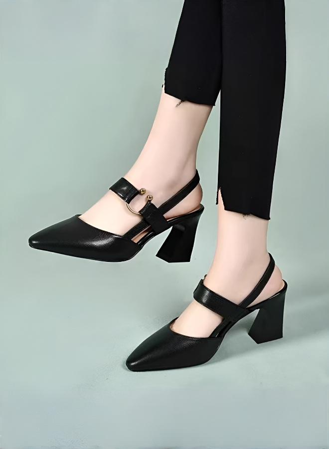 Fashion Woman Office Lady Shoes Sandals Women's Summer Pointy Chunky Shoes Large Size Sandals  Leather Thick Heel Sandals Square Toe Slingback Design with Stable Block Heel - Image 1