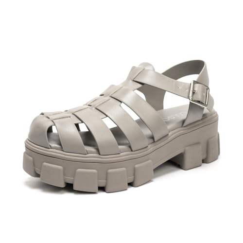 Colgo Womens Platform Wedge Sandals Chunky Block Heeled Adjustable Buckle Fisherman Sandals for Summer(Grey, 9) - Image 1