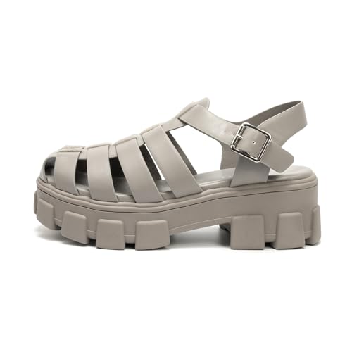 Colgo Womens Platform Wedge Sandals Chunky Block Heeled Adjustable Buckle Fisherman Sandals for Summer(Grey, 9) - Image 3
