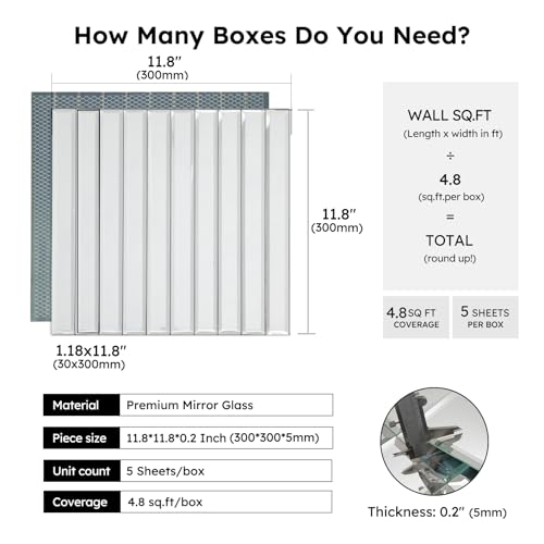 Diflart Beveled Mirror Backsplash Tiles for Kitchen, Silver Strip, 12x12 Inch, Mirror Strip Tile for Bathroom Accent Wall, Pack of 5 Sq.ft - Image 2