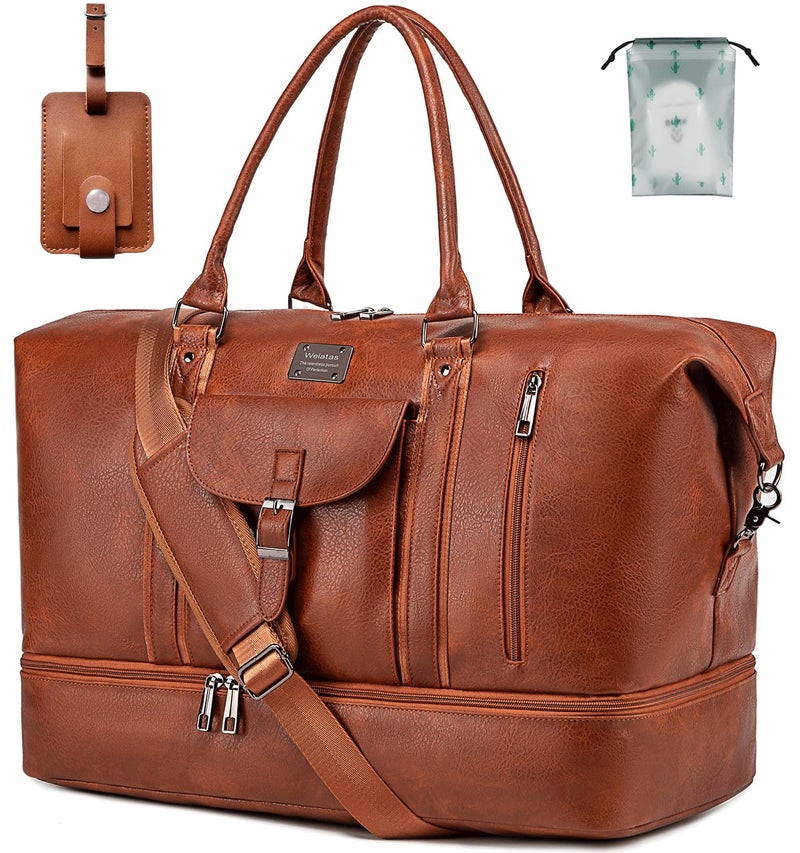weiatas Faux Leather Travel Duffel Bag for Women Men, Large Weekender Overnight Bag with Shoes Compartment, Waterproof Carry On Bag Travel Tote Bag Gym Bag with Luggage Strap (Brown) - Image 1