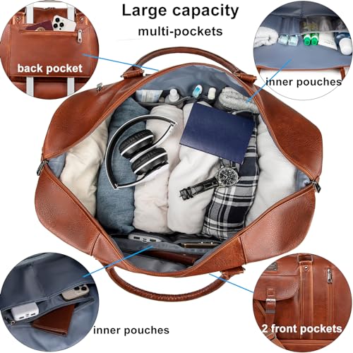 weiatas Faux Leather Travel Duffel Bag for Women Men, Large Weekender Overnight Bag with Shoes Compartment, Waterproof Carry On Bag Travel Tote Bag Gym Bag with Luggage Strap (Brown) - Image 2