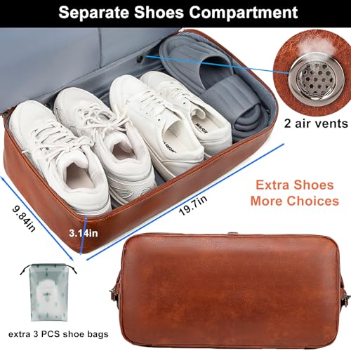 weiatas Faux Leather Travel Duffel Bag for Women Men, Large Weekender Overnight Bag with Shoes Compartment, Waterproof Carry On Bag Travel Tote Bag Gym Bag with Luggage Strap (Brown) - Image 3